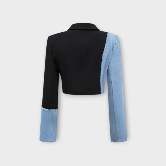 Color Block Patchwork Denim Notched Lapel Blazer & Skirt Set – Micas XL - Picture 3 of 8